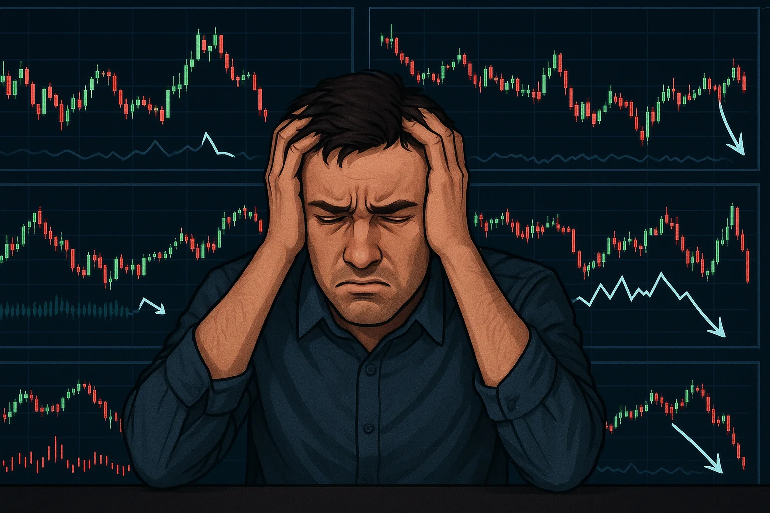 A person visibly frustrated and overwhelmed, surrounded by c
