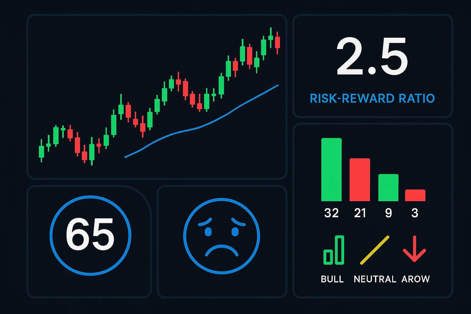 A dashboard with various data points: charts, numbers repres