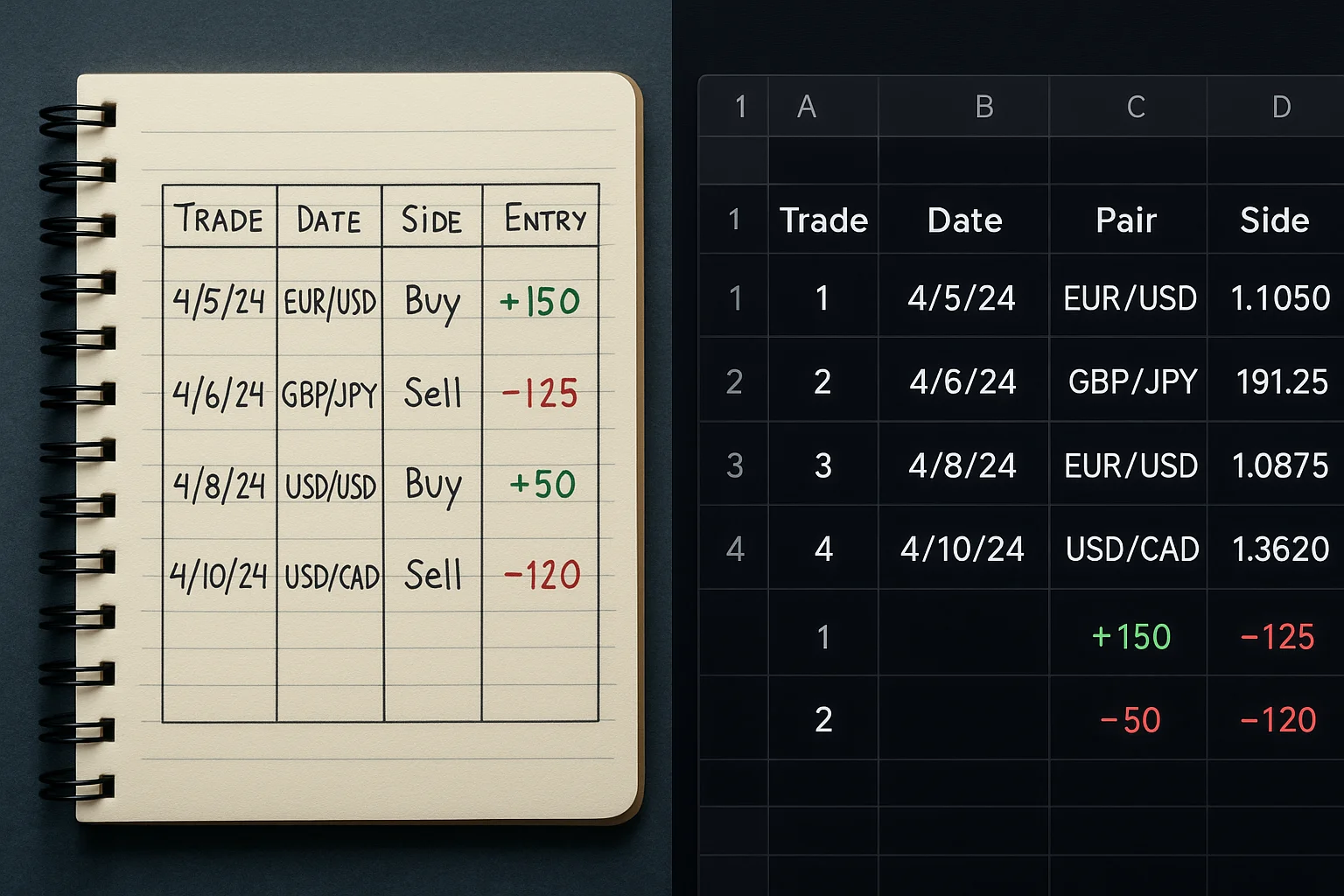 A split screen showing a physical notebook and a digital spr