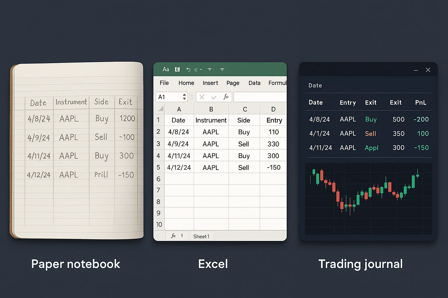 Three distinct journaling methods side-by-side: a paper note