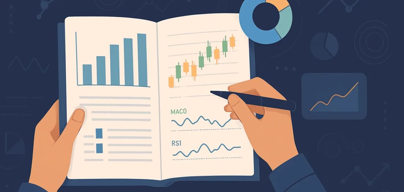 A trader thoughtfully reviewing a detailed trading journal,
