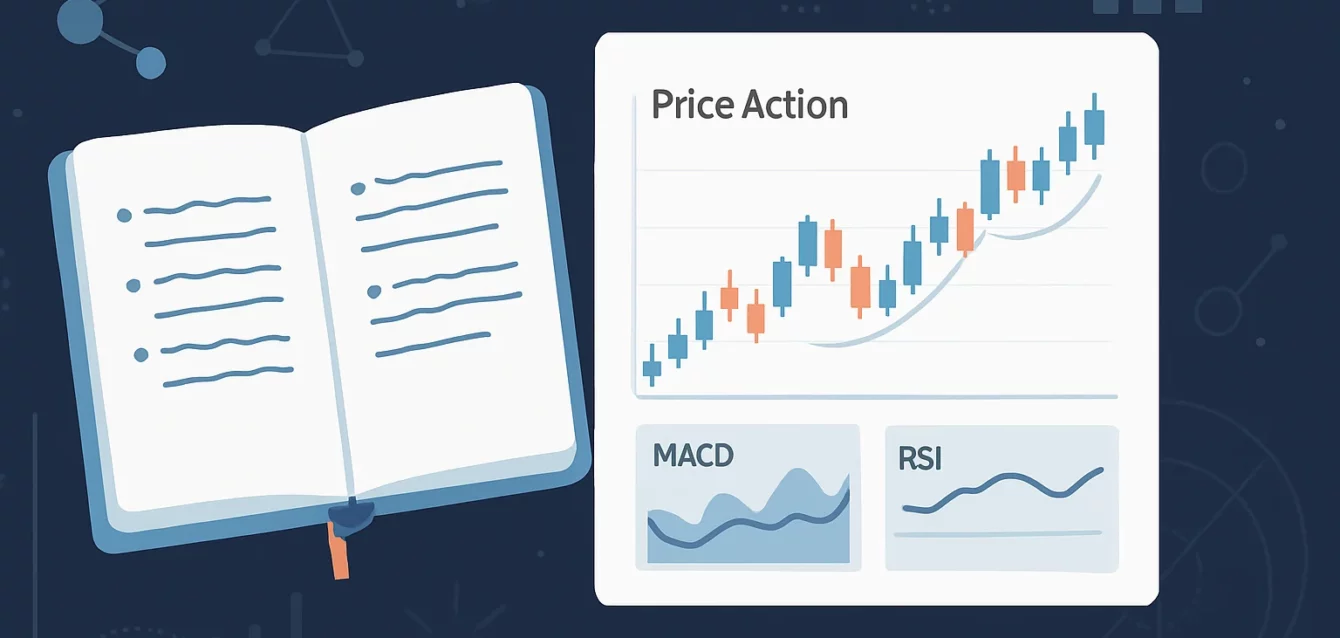 A notebook and pen resting on a chart displaying market tren
