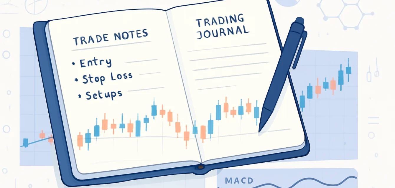 A notebook and pen resting on a chart displaying price actio
