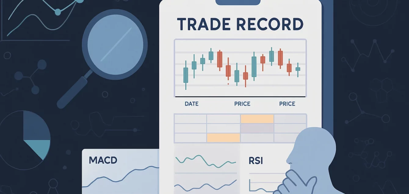 A trader thoughtfully reviewing a detailed trade record, hig