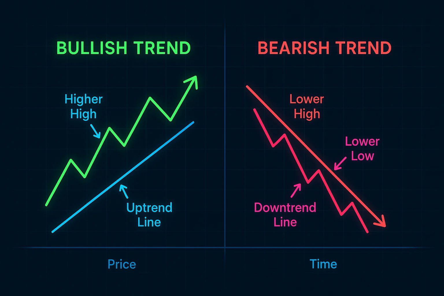 A chart illustrating a bullish and bearish trend, clearly ma