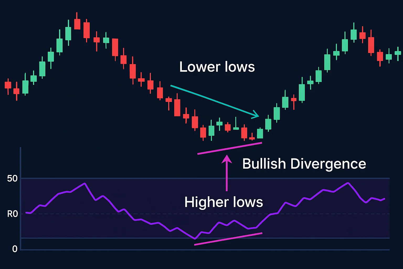 A price chart showing a bullish divergence where the price m