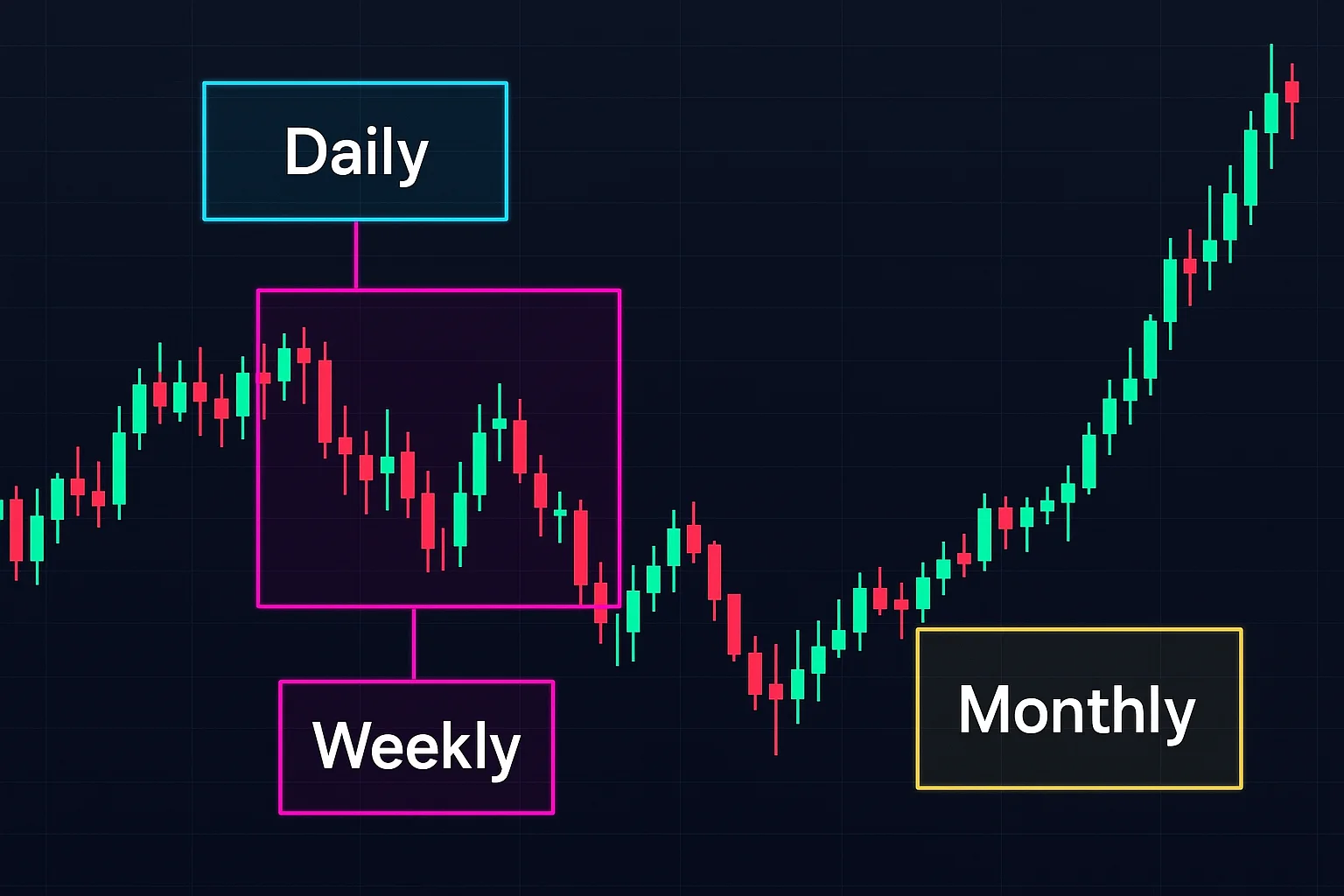 A candlestick chart displaying multiple timeframes (e.g., da