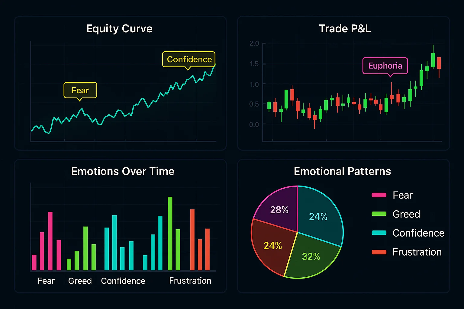 A dashboard displaying charts and graphs visualizing trading