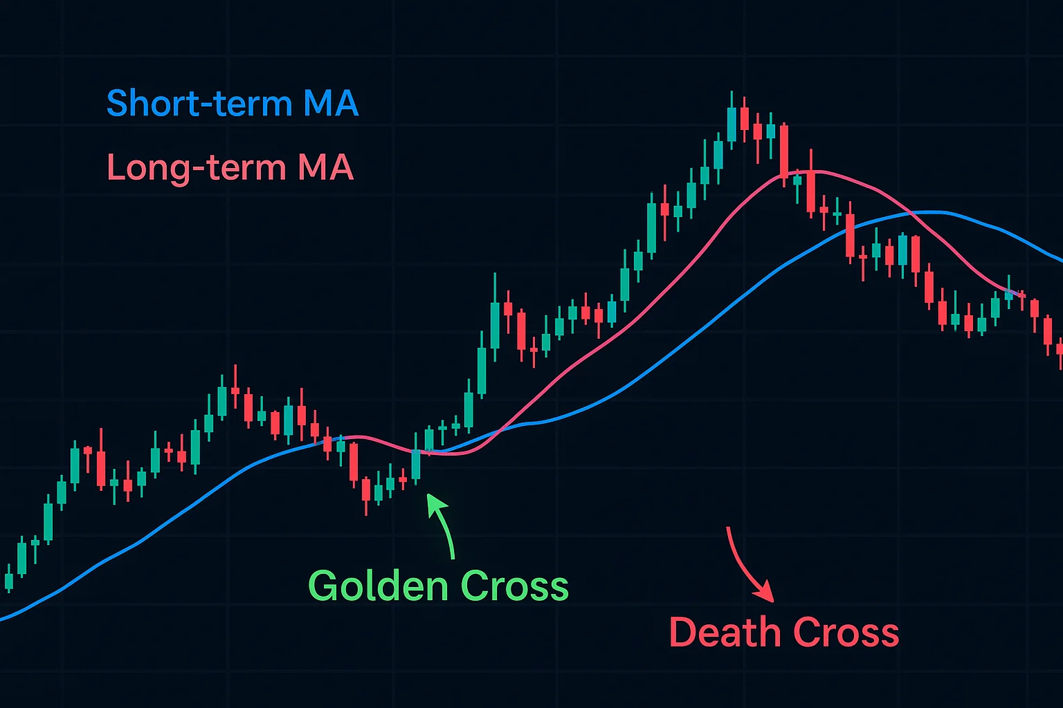 A stock chart showing a golden cross (short-term MA crossing