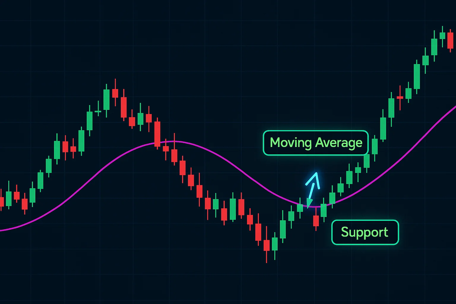 A stock chart with a moving average line acting as a clear s