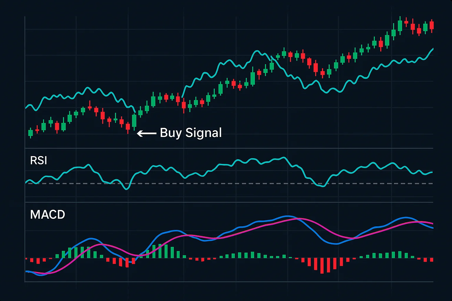 A chart displaying a stock price, the MACD indicator below i