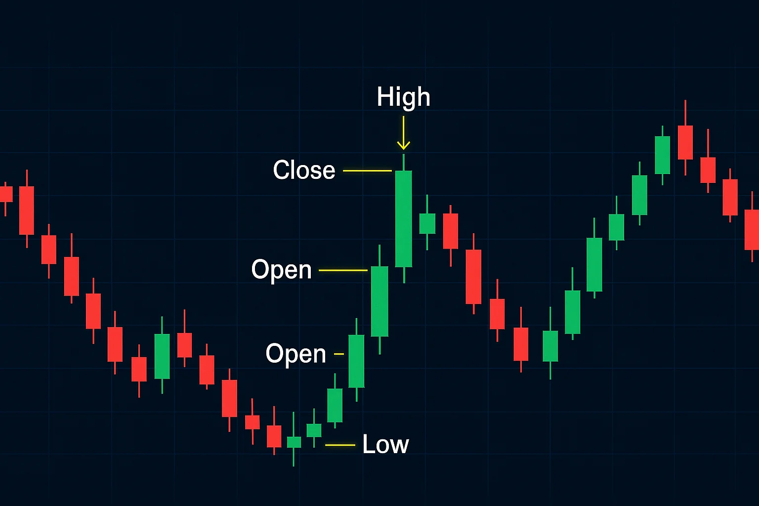 A candlestick chart displaying open, high, low, and close pr