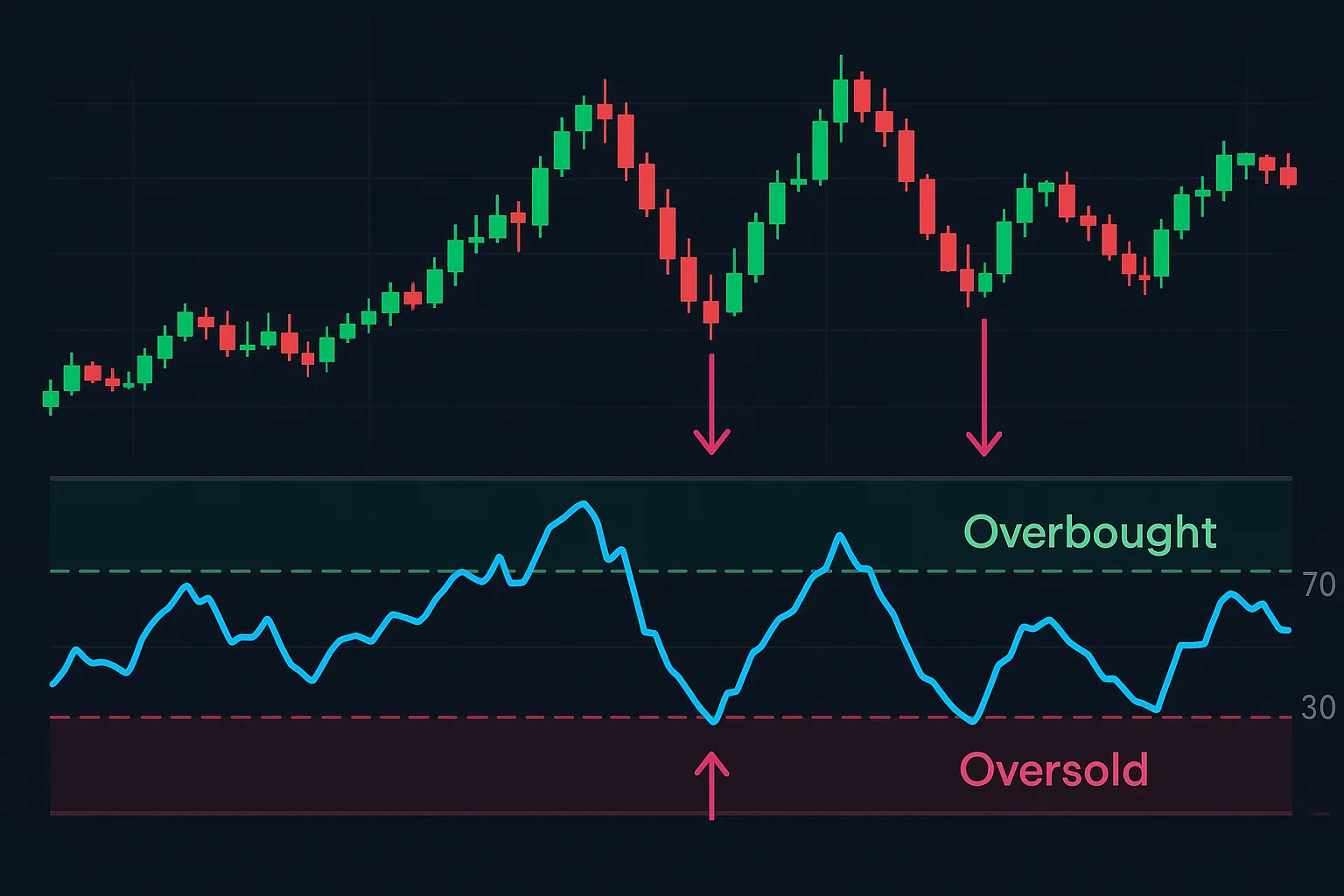 An RSI chart with clearly marked overbought (above 70) and o