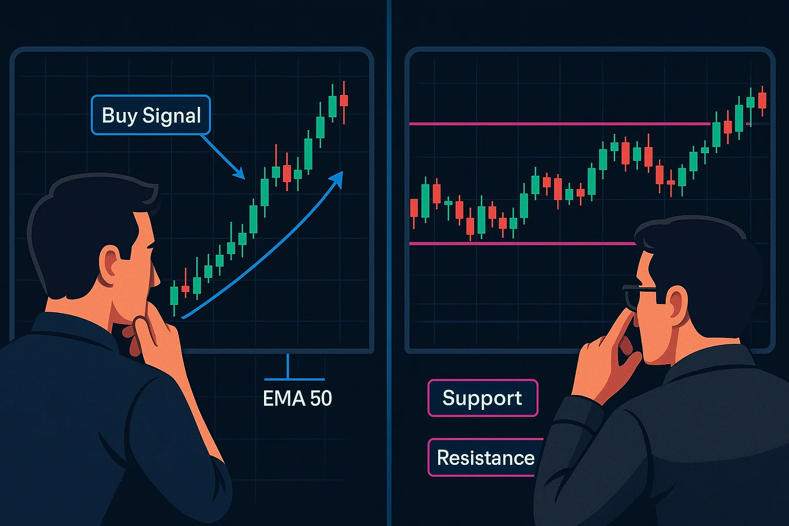 A split screen showing a day trader analyzing a chart on one