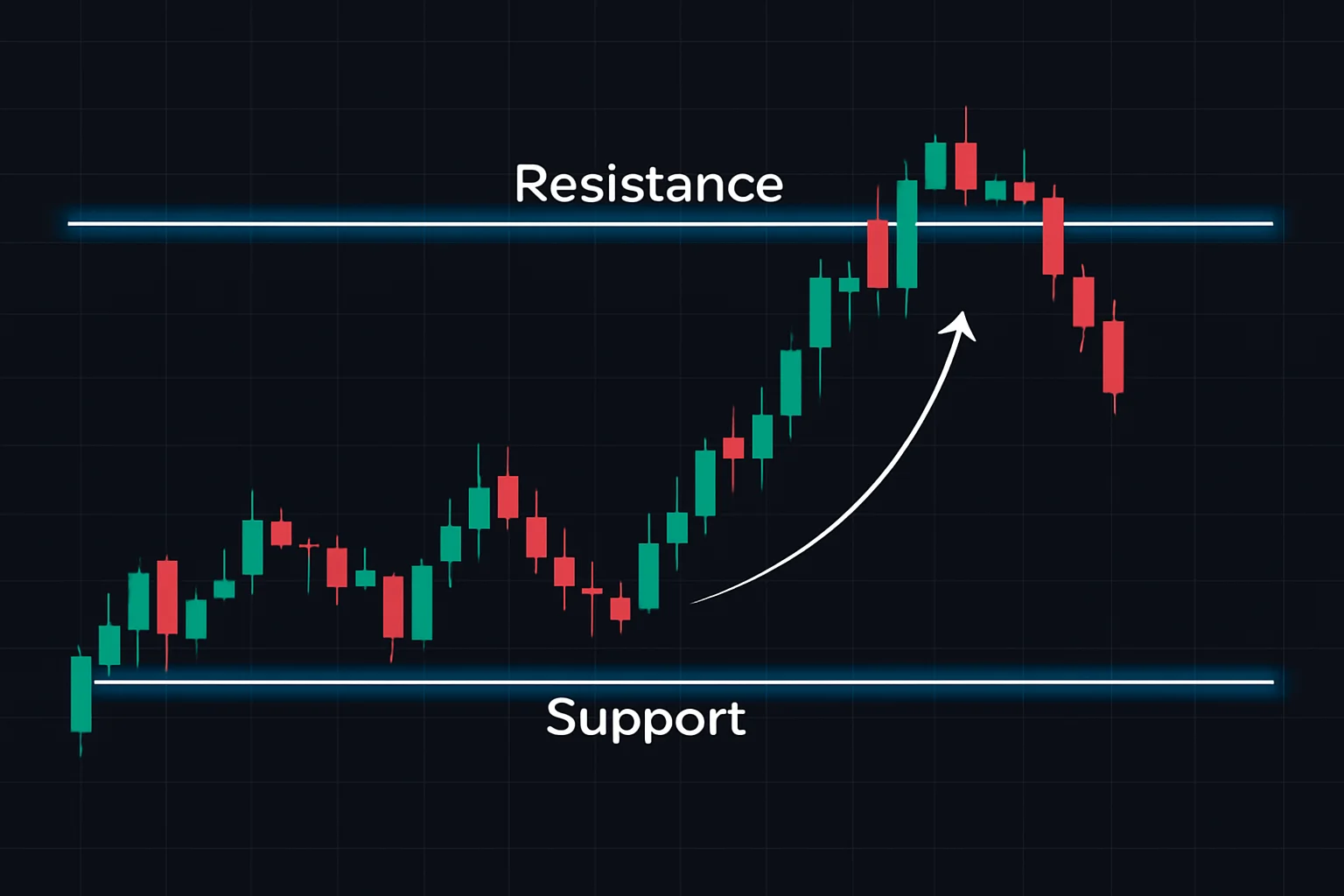 A chart with clearly marked support and resistance lines, sh