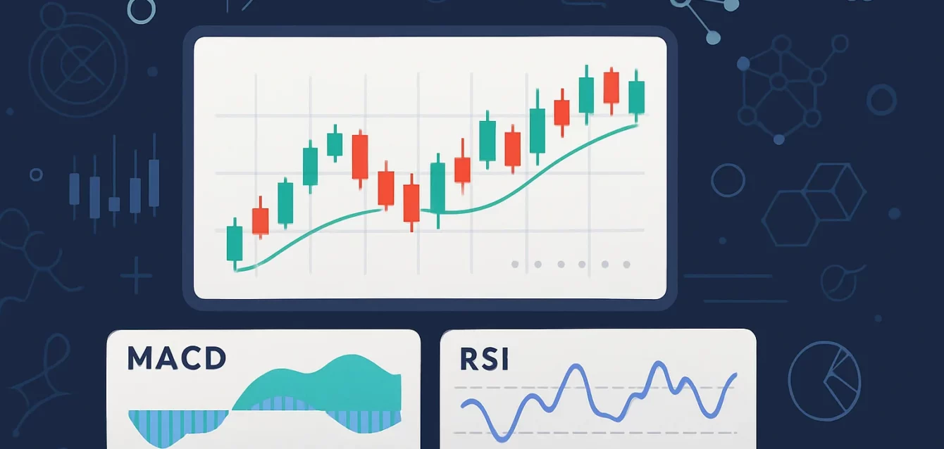 A chart displaying candlestick patterns with various technic