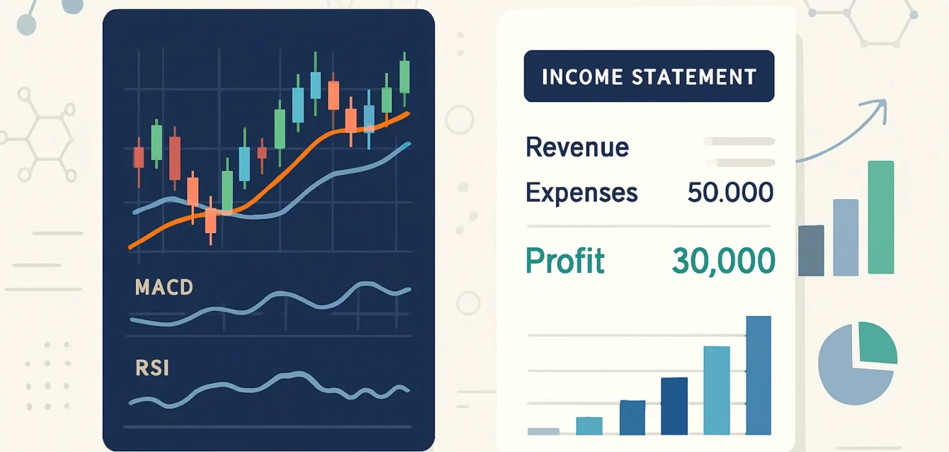 A split image. On one side, a candlestick chart with various