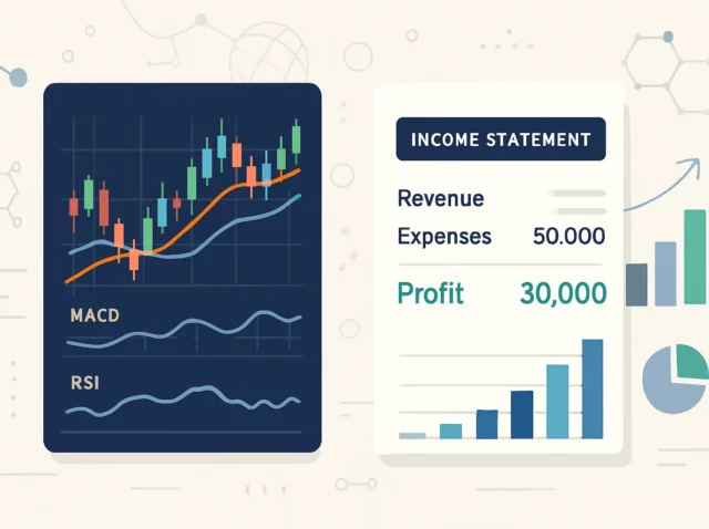 A split image. On one side, a candlestick chart with various