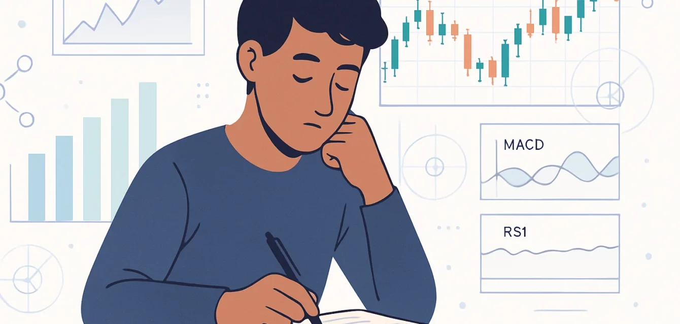 A person thoughtfully writing in a notebook, with charts and