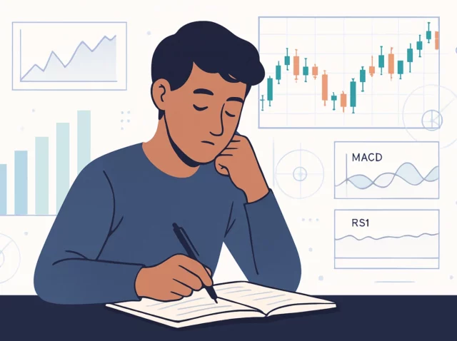 A person thoughtfully writing in a notebook, with charts and
