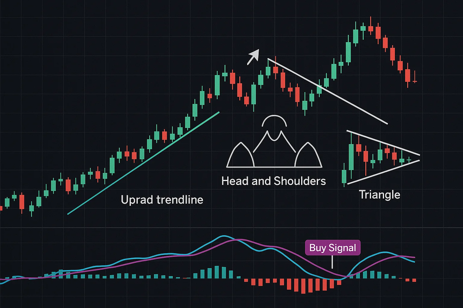 A stock chart displaying a clear upward trendline, a downwar