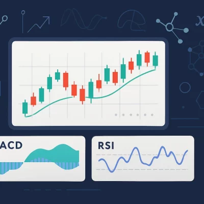 A chart displaying candlestick patterns with various technic
